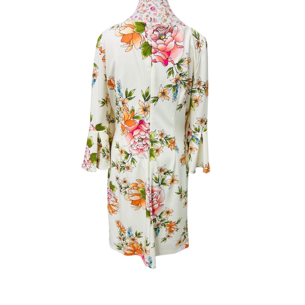 🌸 Jessica Howard Floral Bell Sleeve Dress 16 White Ruched Stretch Midi - Picture 3 of 4